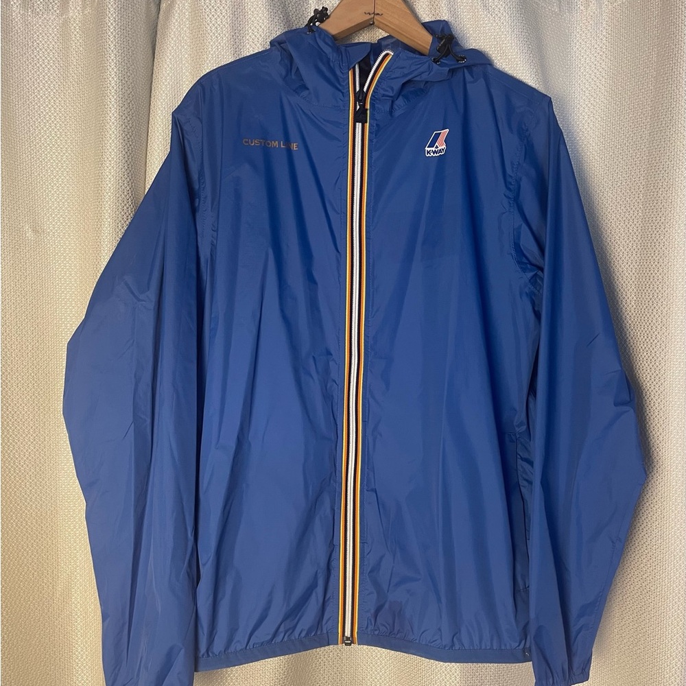 K-Way Blue Windbreaker with Hood and Full-Length Zipper
